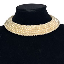 1950s Sally Gee Japan Faux Pearl Beaded Collar Choker Satin Back Hook Clasp