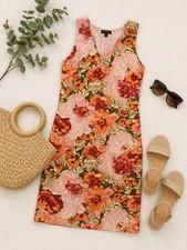Talbots Sleeveless Pink Peach Red Floral Artsy Cotton Sheath Dress. Ladies 10