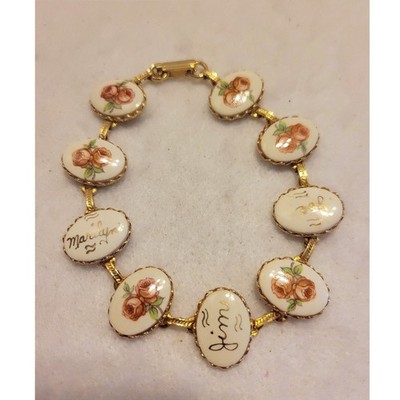 Vtg Porcelain Rose Link Bracelet Gold Tone White Floral Monogram Marilyn Jim Joe