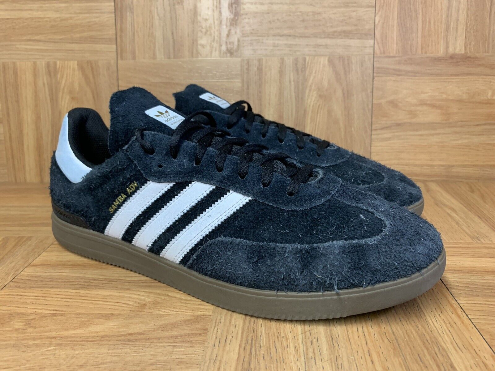 USED🔥 Adidas SAMBA ADV Black White Stripes Gum Men's Size 11.5 Gold |