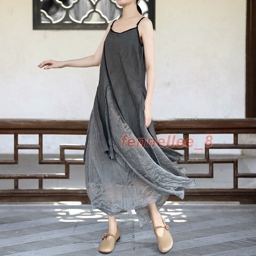 Women's Cotton Linen Slip Dress Retro Irregular Skirt Sleeveless Pleated Long - Imagen 5 de 21