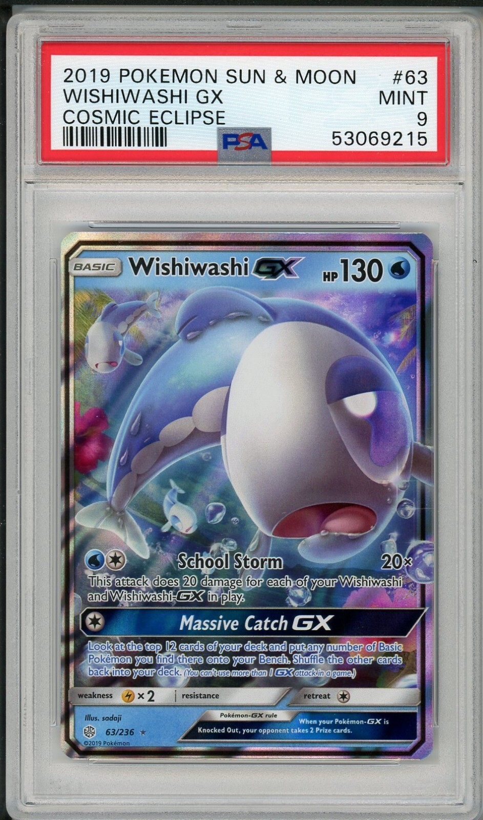 2019 Pokemon Sun & Moon Cosmic Eclipse Wishiwashi GX #63 PSA 9