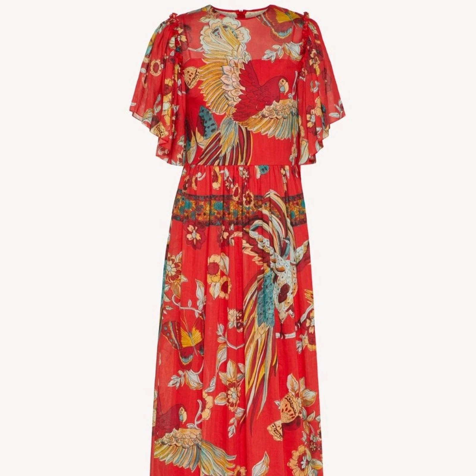 Abito rosso Valentino uccellino del paradiso foresta nuovo senza etichette