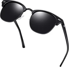 Shiny Black Semi Rimless Polarised Sunglasses Classic Horn Rimmed Frame UV400#A1