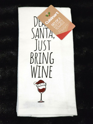 Cuisinart DEAR SANTA JUST BRING WINE Black White Kitchen Towel 2pc Christmas Fun