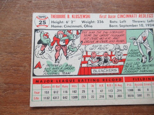 1956 TOPPS TED KLUSZEWSKI #25 CINCINNATI REDLEGS WHITE BACK HIGHER TO HIGH GRADE - Picture 5 of 6