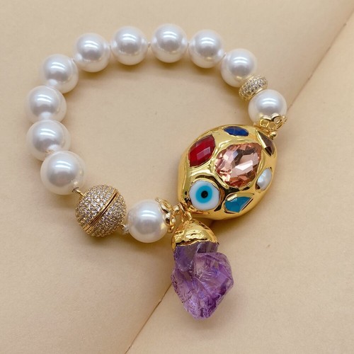White Sea Shell Pearl Multi Color Crystal Bead Bracelet Purple Amethyst Charm - Picture 5 of 6