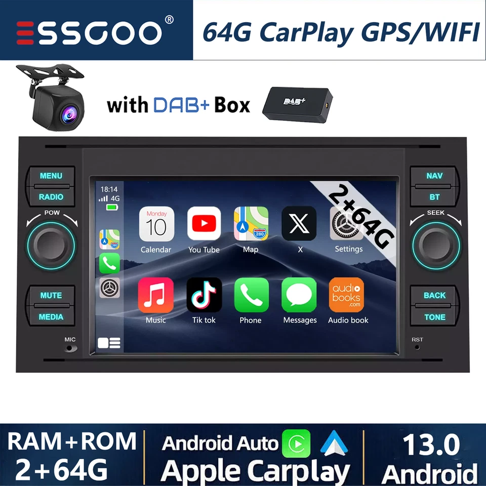 ESSGOO DAB+ For Ford Transit Mk7 7" Apple Carplay Android13 Car Stereo GPS 2+64G BT Sat