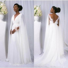Boho White/Ivory Chiffon Wedding Dress Open Back Bridal Gown With Robe Shawl New