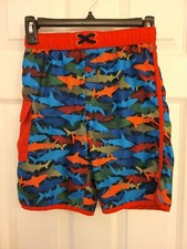 LANDS' END BOY PRINTED SWIM TRUNKS Mesh Lined Polyester Cargo Pocket: L 10s-12s