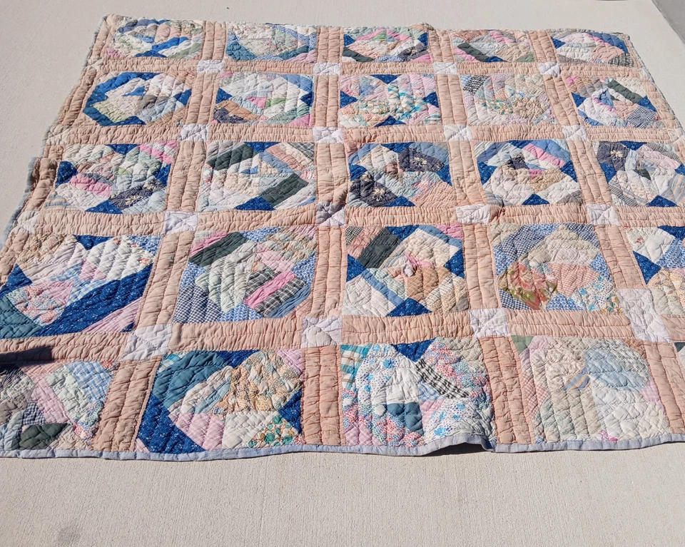 Antique 1920's Feed & Flour Sack Quilt Completely Handstitched Patchwork Pattern - Image 2 of 4