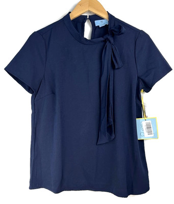 CeCe Navy Blue Mock Neck With Bow Top Size Small Blouse Short Sleeve