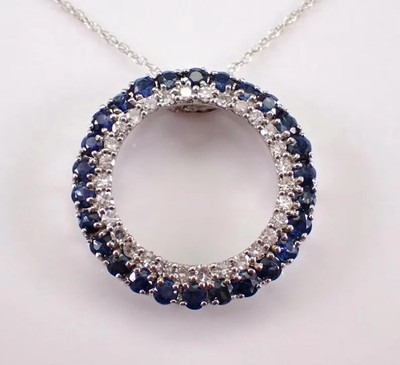 Lab Created Blue Sapphire 2.20Ct Round Cut Circle Pendant 14K White Gold Plated