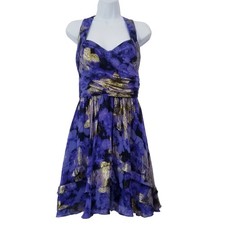 Nicole Miller Women size 4 Gold Metallic Blue Silk Blend Cocktail Mini Dress