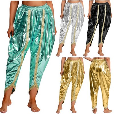 Womens Indian Dhoti Pants Gold Brocade Trim Elastic Waistband Metallic Pants