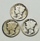 Three Coin Set 1917 P-D-S Circulated Mercury Dimes 90% Silver (SP112)