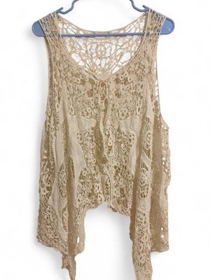 Cream Crochet Vest with Floral and Circular Lace Patterns Size S Small