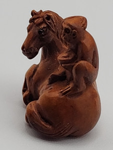 Ojime Bead? Carved Wood Monkey on Horse 2.5 cm Wide x 2.5 cm Tall Signed