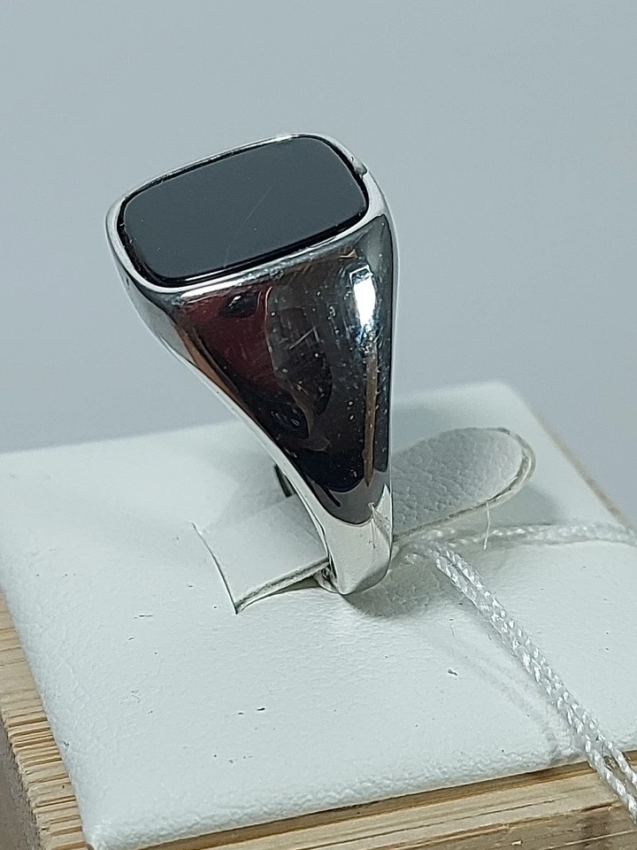 Anello Argento925 Donna Uomo Pietra Onice Quadrato Nero Lucido Sigillo Chevalier - Immagine 3 di 4