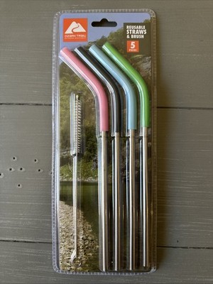 OZARK TRAIL 4 PACK STAINLESS STEEL UNIVERSAL  STRAWS WITH CLEANING BRUSH