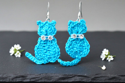 Blue Crochet Cat Dangle/Drop Hook Earrings Handcrafted Yarn