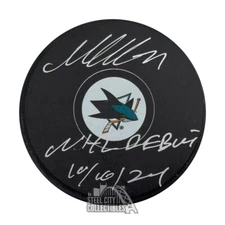 Macklin Celebrini NHL Debut Autographed San Jose Sharks Hockey Puck - Fanatics