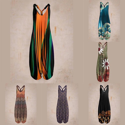 Womens Boho Floral Racerback Jumpsuit Ladies Casual Loose Wide Leg Pants Romper - Bild 6 von 23
