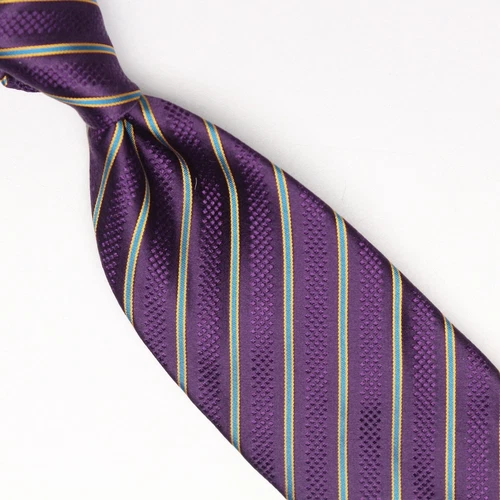 Josiah France Mens Silk Necktie Purple Blue Gold Stripe Weave Woven Tie Italy