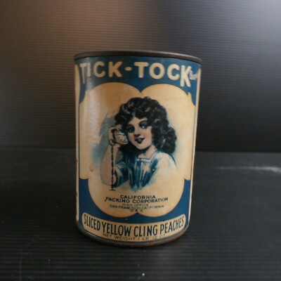 Classic Country COIN BANK Tick-Tock Brand Peaches Label Tin Can Bank 5'' Tall