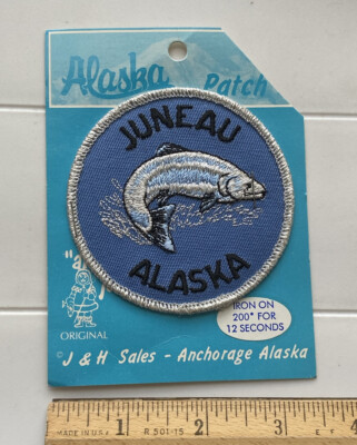 NIP Juneau Jumping Salmon Fish Souvenir Round Blue Embroidered Patch Badge