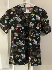 Disney Eeyore I'm Always Chasing Rainbows Scrub Top Black with clouds Sz Small