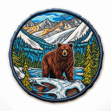 Brown Bear Applique Patch - Nature Snowy Mountain Forest Wild Animal Badge