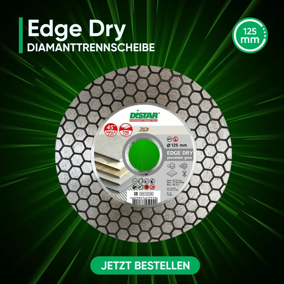 DISTAR Diamanttrennscheibe 125mm Schneiden Schleifen Feinsteinzeug Keramik 45° Gehrung