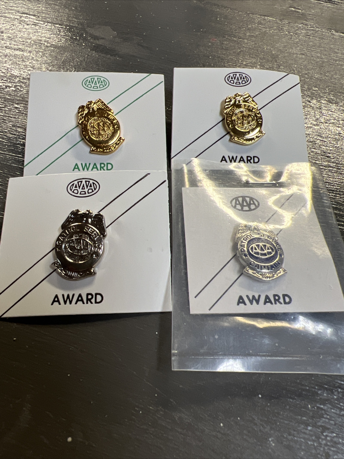 LOT OF 4 Miniature AAA PATROL SERVICE Captain Badge Award Lapel Pin Pins