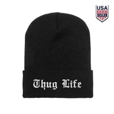 Thug Life Embroidered Knit Black Beanie Hat Cap Cuffed 2Pac Video Compilation