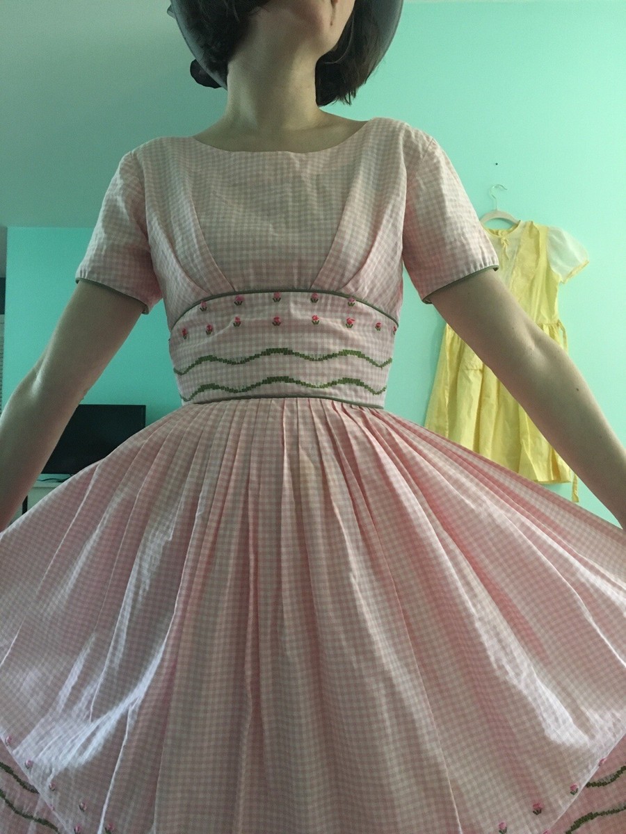 1950s 50s Vintage Cotton Pink Gingham Floral Embroidery Dress XS | eBay