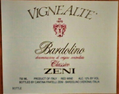 Wine label ITALY VIGNE ALTE Bardolino Classico Fratelli ZENI wine labels