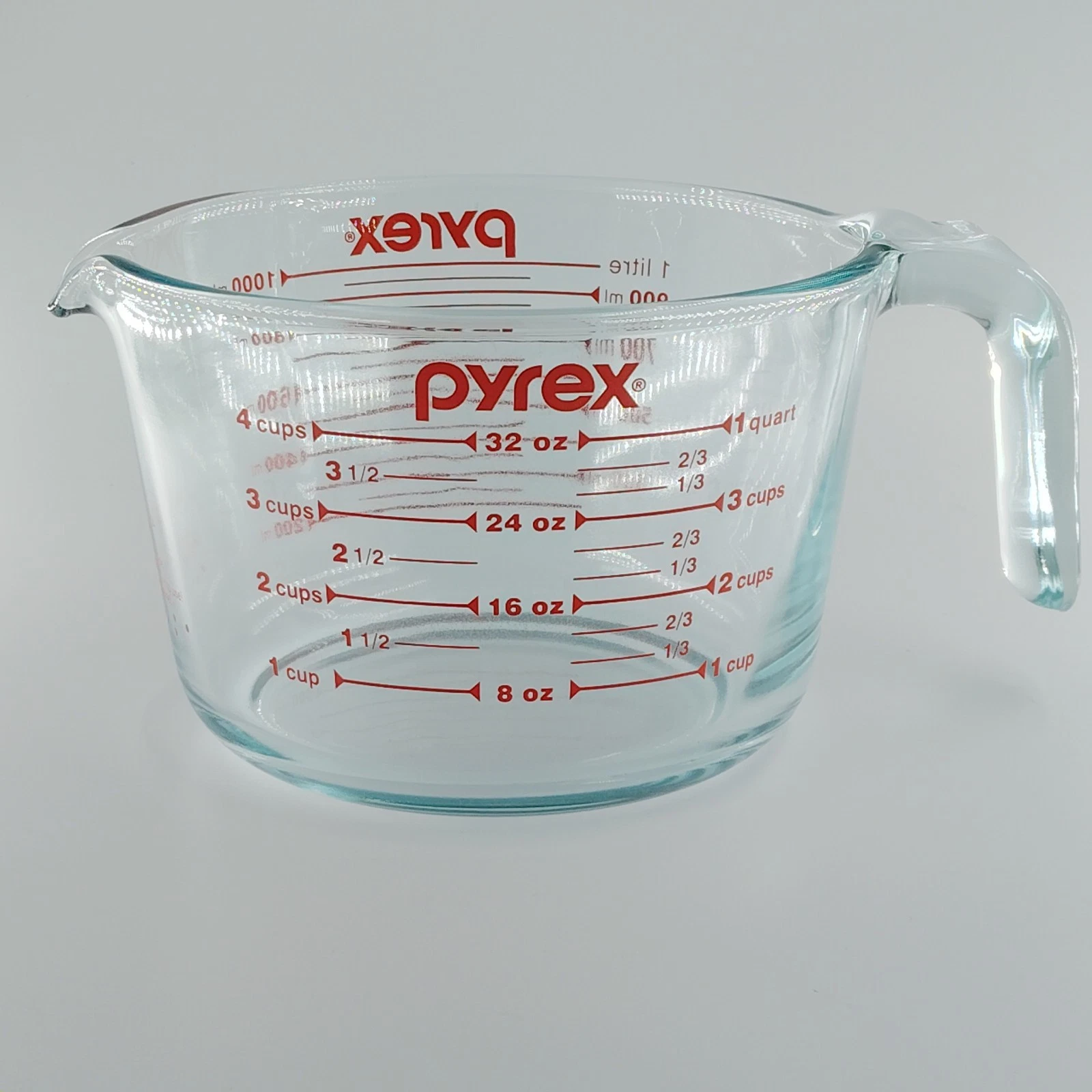 Vintage PYREX 4-Cup 1-Quart 1 litre Red Lettering Glass Measuring Cup USA 508