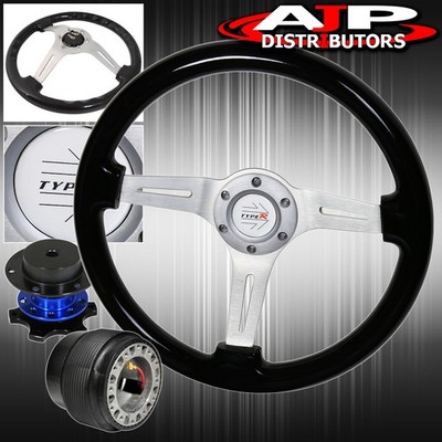Blue Quick Release For 86-98 Rx7 + Black Wood Trim Chrome Mid Steering Wheel