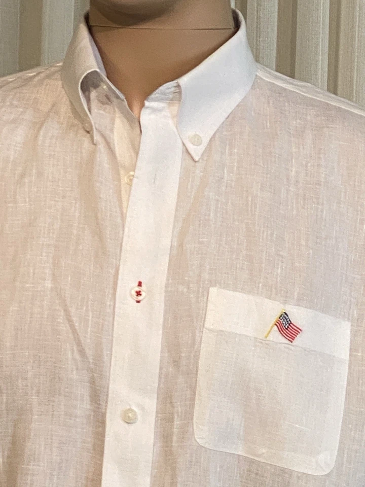 Camisa Náufrago Manga Larga Con Botones Blanco Lino Bandera Americana Bolsillo Mediana Foto 2 de 4