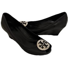 Tory Burch Sally Wedge Silver Logo Peep Toe Black Leather  Pump Women Size 7.5