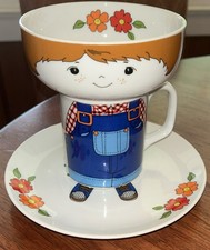 Vintage Japan 3 Piece Stackable Porcelain Child  s Dish Set Little Boy Farmer MCM
