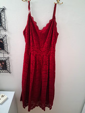Atnlewhi Red Floral Lace V-Neck Fit & Flare Knee Dress Zip, Women’s M