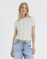 River Island Womens Collared Top Cream Boucle Button Detail Short Sleeve Blouse