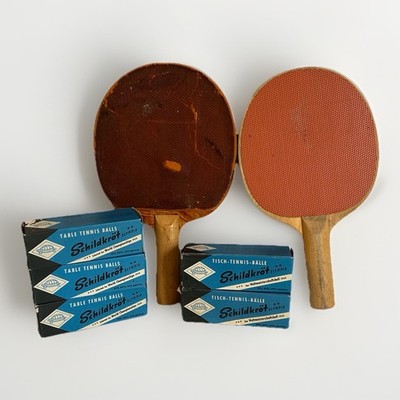 Vintage 1950s Ping Pong Set 2 Wooden Paddles 5 Boxes Of Balls MCM Table Tennis