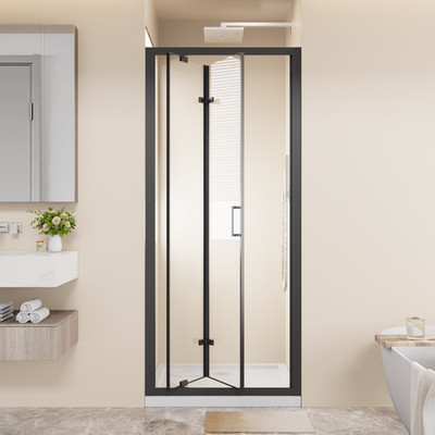 32''x72'' Bi-Fold Pivot Shower Door , 1/4'' Clear Tempered Glass, Reversible, Black