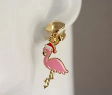 pink Flamingo Christmas Clip on earrings dangle 1.75" long Santa hat florida