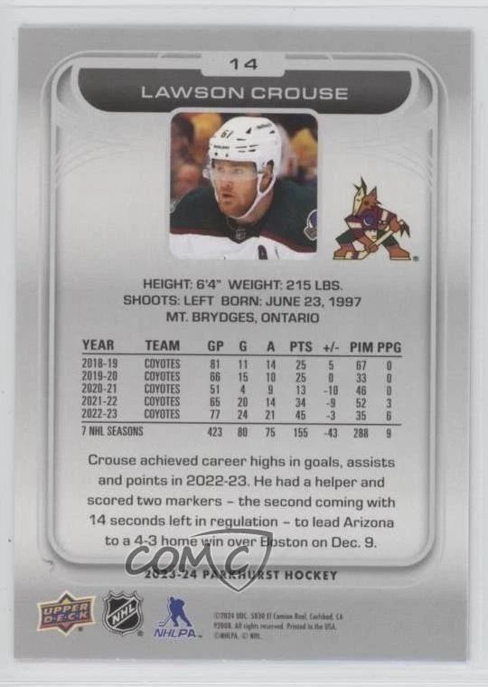 2023-24 Upper Deck Parkhurst Patterned Foil Lawson Crouse #14 - Image 2 of 2