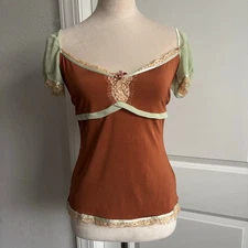 VTG Moda International Brown Mesh Lace Milkmaid Top Y2K Fairy Grunge XS 