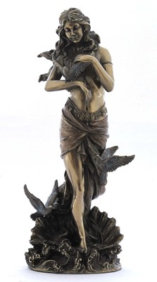 11'' Aphrodite with Doves Standing on Sea Shell Statue, Bronze Color